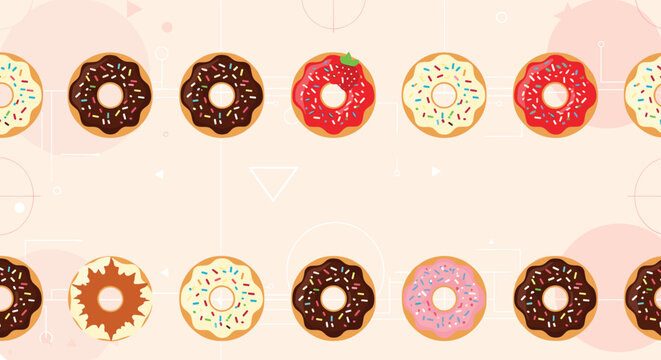 Seamless horizontal pattern features various decorated donuts with chocolate, strawberry, and vanilla frosting on a pink background.