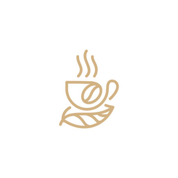 Elegant coffee cup logo with leaf and steam minimalist design.