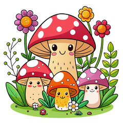 Fototapeta premium Cute cartoon mushroom characters family smiling in a forest glade vector illustration