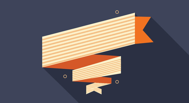 Stylized striped ribbon banner scrolls across a dark blue background with long shadows and geometric elements for graphic design.