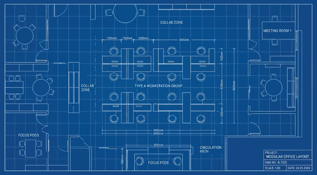 Blueprint of a modular office layout with workstations and meeting rooms