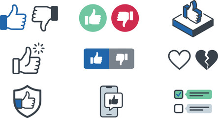 Social media thumbs up down feedback vector icon set featuring heart broken smartphone notification and shield elements © MdBarat