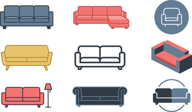 Sofa and living room furniture vector icon set featuring couch armchair chesterfield sectional and isometric seating elements