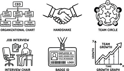 Fototapeta premium Business icons including organizational chart, handshake, team circle, interview chair, badge id, and growth graph