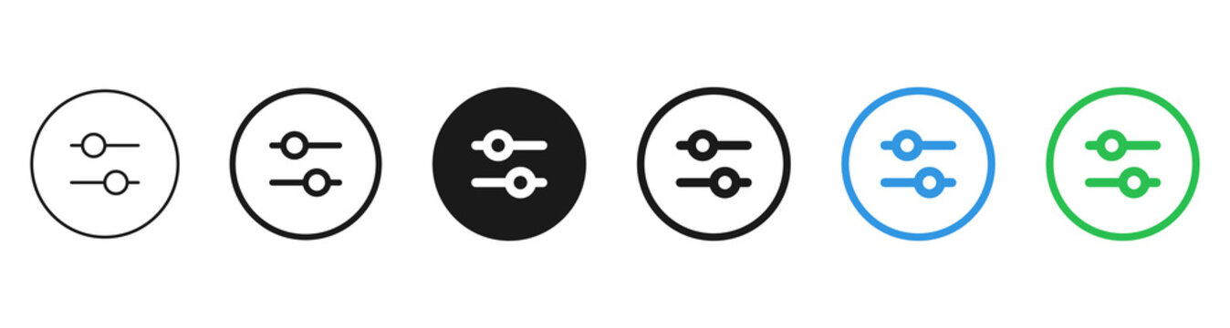 Filter Slider Controls Circle Button Icon Set. filter icons featuring circular button, outline, black, blue, and green variations, for settings, adjustment, customization, preferences, UI interface