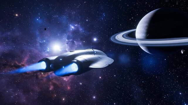 A sleek spacecraft hurtles through the cosmic expanse, framed by celestial wonders, leaving trails of blue fire