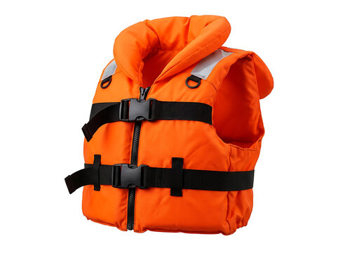 Vibrant orange life jacket with black straps and buckles isolated on white background for water safety and emergency situations