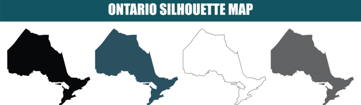 Ontario silhouette map. set of four different versions of ontario map with various styles. high quality vector illustration for design projects.