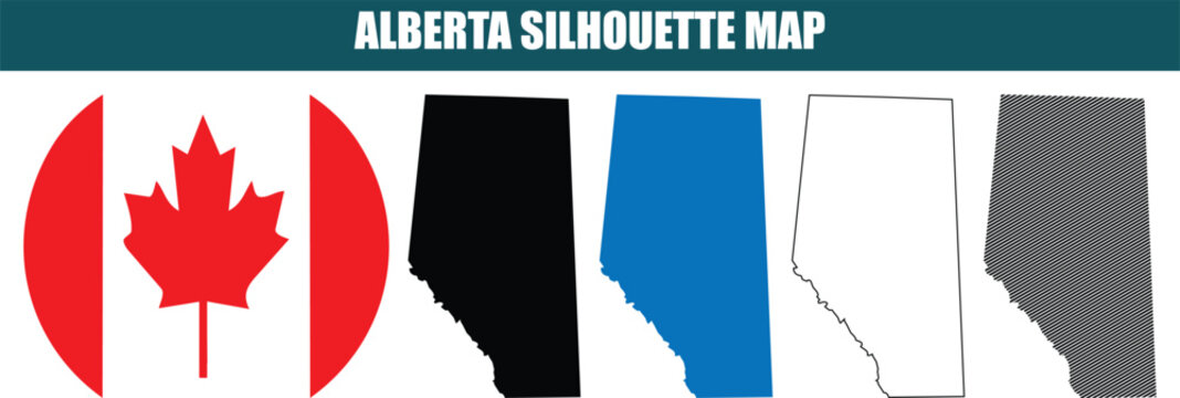 Alberta silhouette map vector illustration set including blue and black fills with outline and striped versions plus canadian flag emblem for provincial identity.
