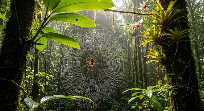 A golden orb weaver spider in its intricate web within a misty tropical forest