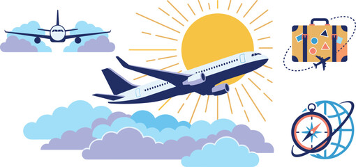 Air travel and global tourism vector illustration with flying airplanes sun clouds suitcase and navigation compass elements © MdBarat