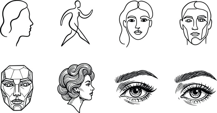 Collection of various human face and eye illustrations in black and white