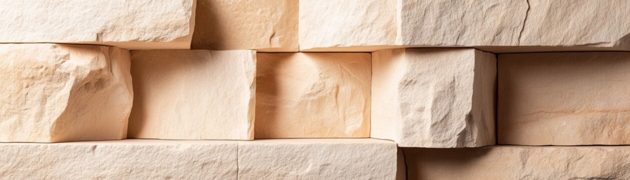 Textured abstract wall of interlocking beige natural stone blocks, showcasing architectural depth and light-shadow play. ,Stone texture ,Abstract background