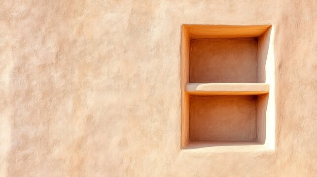 Textured adobe wall featuring a minimalist, two-tiered architectural niche. Strong light and shadow sculpt this empty space, emphasizing its simple, earthy form. Abstract, Geometry