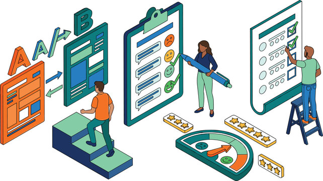Isometric A B testing and user feedback vector illustration featuring clipboard rating checklist gauge and character elements
