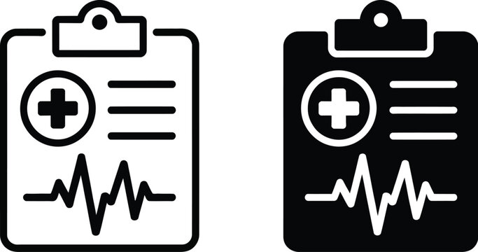 Medical report, clipboard icon set, healthcare document symbols for patient records data management and clinical reporting processes.