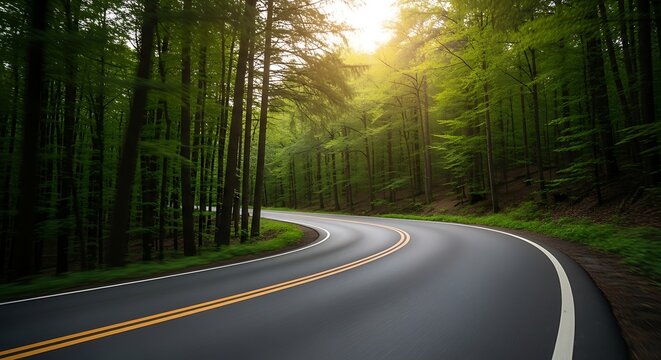 A scenic, winding asphalt road curves through a lush, vibrant green forest during a bright, sunny day with soft sunlight filtering through the dense canopy of trees