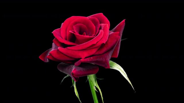 Red Pink Rose Plant Blooming Flower in Time Lapse on a Black Background. Single Red Flower Opens Bud and Moving Petals in Timelapse