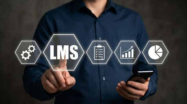 Businessman touching virtual LMS button learning management system digital education