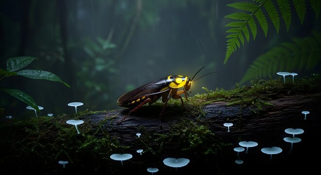 An iridescent cockroach glows with bioluminescence on a mossy log in a misty jungle during twilight with tiny mushrooms