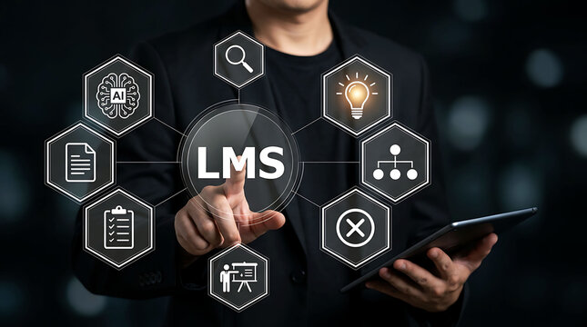Businessman touching LMS icon for learning management system corporate training educationBusinessman touching LMS icon for learning management system corporate training education