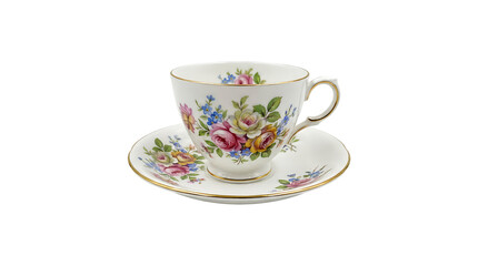 Fototapeta premium Vintage porcelain teacup and saucer with colorful floral pattern and gold trim, isolated on transparent background