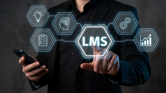 Businessman touching LMS icon on virtual screen for learning management system
