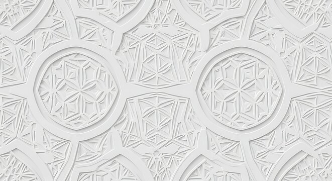 Seamless geometric pattern with circular and polygonal elements in white relief