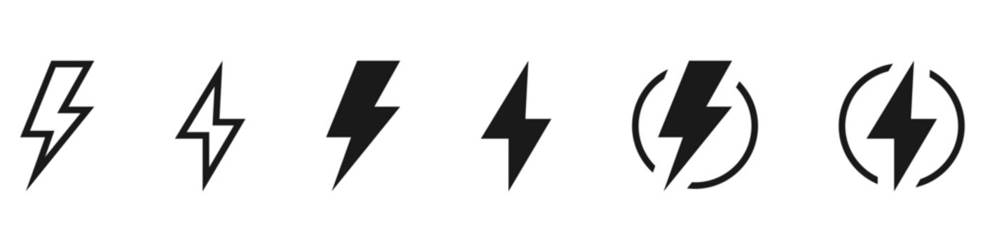 Lightning Bolt Electric Power Icon Set. Modern lightning bolt icons. outline, filled, black, and circle frame variations, for energy, electricity, charging, speed, power, technology