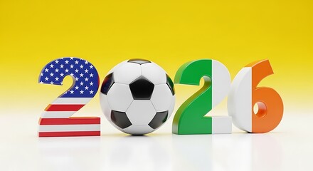 Naklejka premium 3d rendering of the year 2026 with a soccer ball, featuring the american flag on the number 2 and the irish flag on the number 2, representing international soccer events and global sports competition