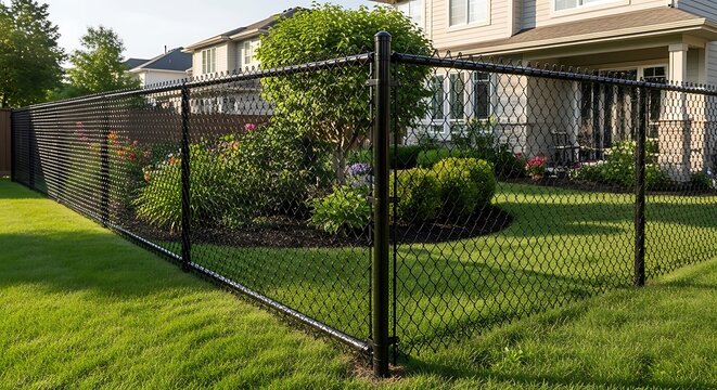 Black chain link fence surrounding a residential backyard garden with lush green landscaping and a house in the background on a sunny day