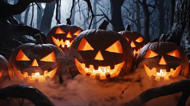 A group of carved jack-o'-lanterns with glowing faces sit in a misty, dark forest at night, creating a spooky Halloween atmosphere.