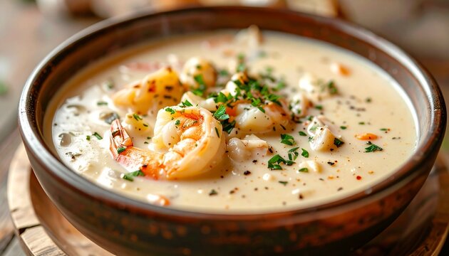 A homemade seafood chowder in a rustic bowl, creamy texture, cozy dining atmosphere, high detail food photography
