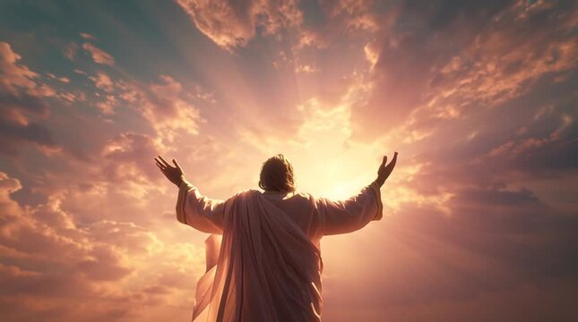 Jesus Christ with open arms towards the sky with sun rays and clouds