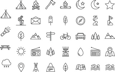 Fototapeta premium Camping and outdoor activity icon set featuring tents, campfires, navigation, and nature symbols for travel, hiking, and adventure design projects