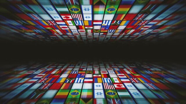 World Countries Flags Design 3D Background
Animation of a design abstract 3d background with international world flags icons mosaic on a platform with shifting and speed effect along with depth of blu