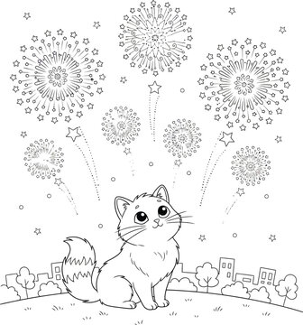 Title: Adorable Cat Watching Fireworks Coloring Page with City Skyline - Celebration Night Line Art
