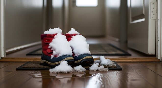 Children's winter boots with snow resting on a doormat inside a hallway during winter