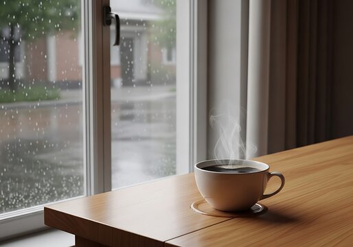 A hot cup of coffee steaming on a wooden table next to a rainy window on a cold and gloomy autumn afternoon. kaffe pause