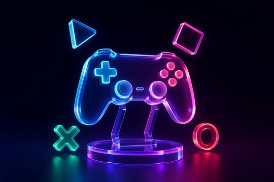 Neon glowing gaming controller with geometric shapes on dark background