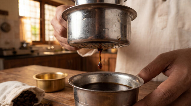 Coffee decoction dripping into a metal cup