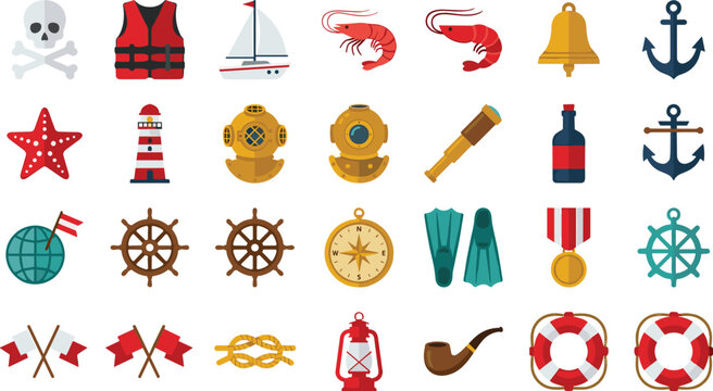 Nautical and Maritime Flat Vector Icon Set Featuring Sailor Anchor Lighthouse Compass Ship Wheel and Ocean Equipment for Marine Graphic Designs