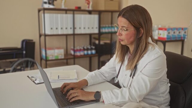 Doctor woman typing on laptop at desk with stethoscope, clipboard, medicine bottles, binder and wheelchair visible in building; calm professionalism.