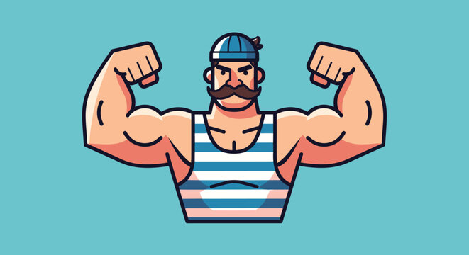 Cartoon character of a strong muscular man with a thick mustache wearing a blue and white striped tank top and matching sailor hat.