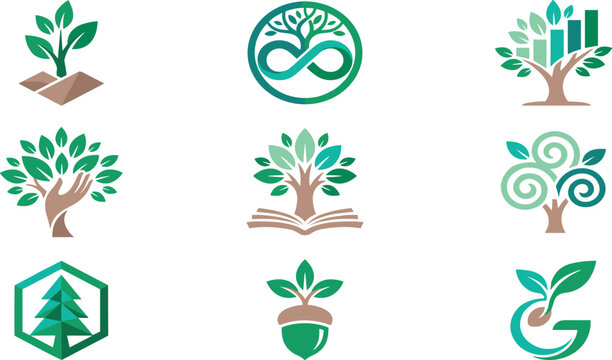 Green Eco Business Tree Logo Icon Set with Infinity Loop Financial Growth Chart Book and Letter G Elements for Corporate Identity Branding