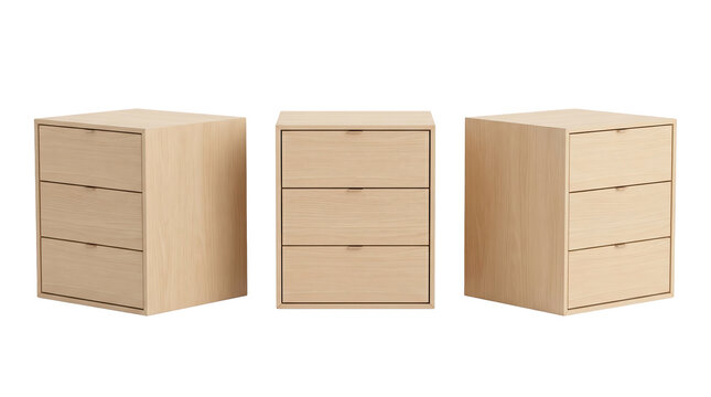 Set of 3 multi-angle views of modern minimalist wood bedside nightstand chest drawers storage furniture, transparent background, PNG