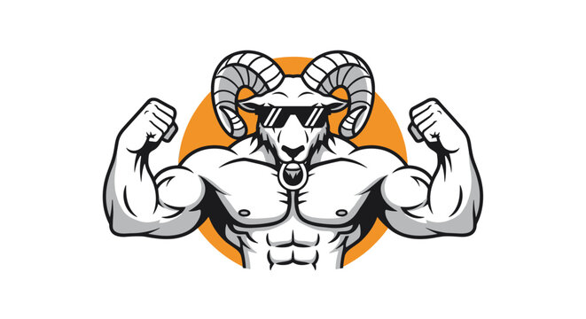Aggressive anthropomorphic ram with huge muscles wearing black sunglasses and showing off a powerful bodybuilder physique.