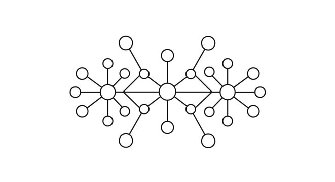 Symmetrical network diagram features interconnected circular nodes and lines, representing complex data or social structures.