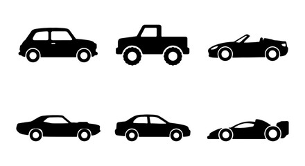 Fototapeta premium Diverse Car Icons Set: Compact, Pickup, Convertible, Sedan, Sports, Race Car Silhouettes
