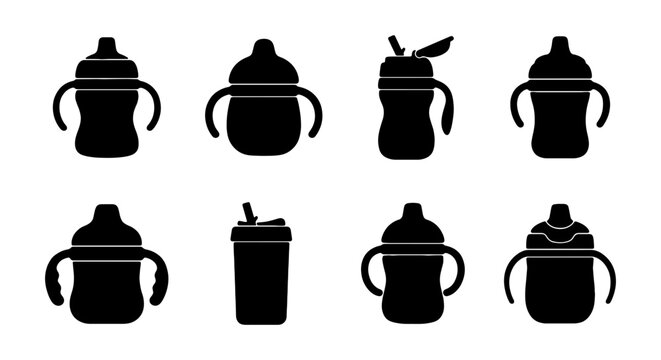 Baby Sippy Cups, Toddler Drinkware Collection, Child Feeding Bottles, Vector Icons Set